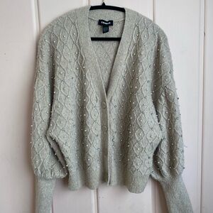 Express Women's Cardigan in Cream with Pearl and CZ Details